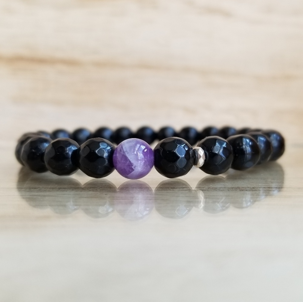 Black Onyx & Chevron Amethyst Bracelet